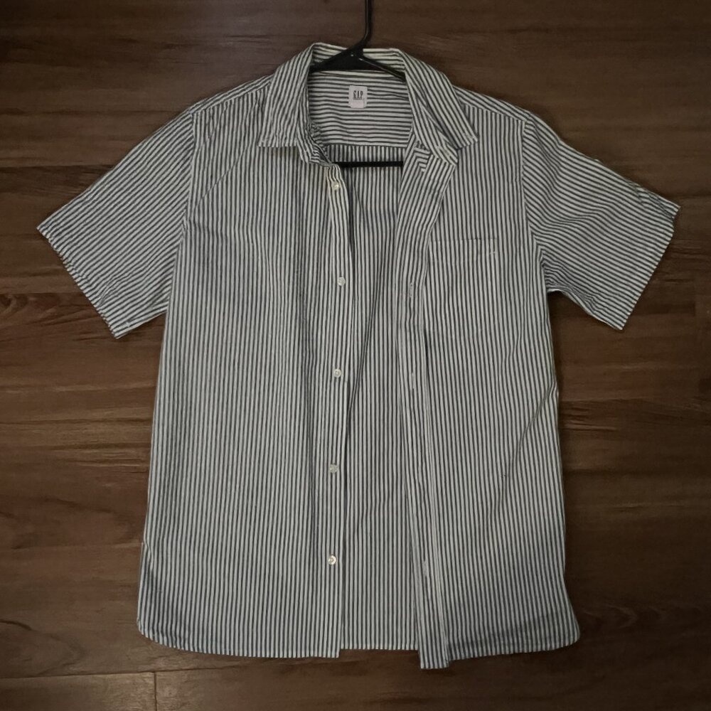 Green and White Striped Button Down Collar